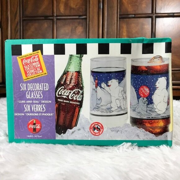 NWOT Set of 6 Vintage Coca-Cola 'Cubs and Seal' Decorated 16oz Glasses Set - Picture 10 of 16